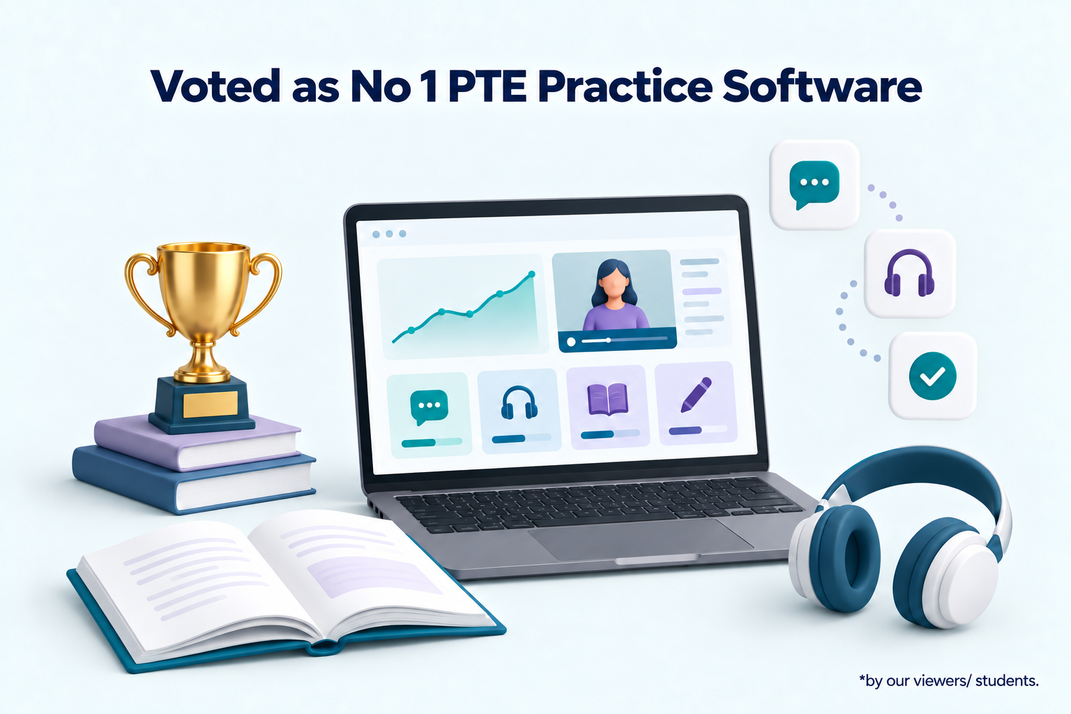 PTE learning dashboard with a trophy. Voted as No 1 PTE Practice Software, by our viewers/ students.